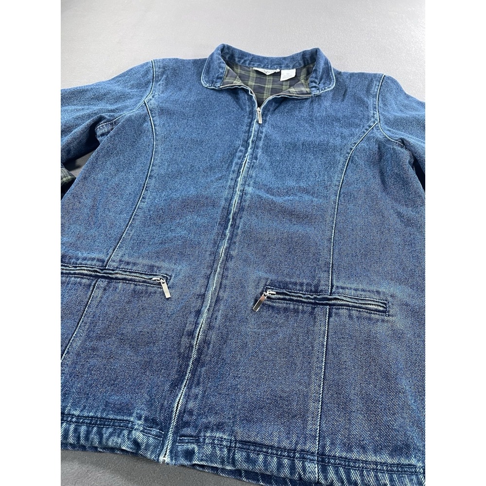 VTG North Style Denim Flannel Lined Chore Coat Women's M 90's Jean Jacket Plaid - Picture 4 of 11